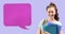 Animation of pink speech bubble over smiling caucasian teenage female student with books, on lilac