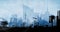 Animation of plane taking off over silhouetted modern cityscape in blue