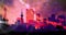 Animation of plane taking off over silhouetted modern cityscape with purple to red clouds
