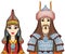 Animation  portrait of  Asian family in a national hat and clothes. Man warrior and Amazon woman.