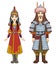 Animation  portrait of  Asian family in a national hat and clothes. Man warrior and Amazon woman.