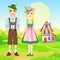 Animation portrait of the Bavarian family in ancient traditional clothes.