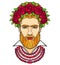 Animation portrait of the bearded man in beads and a wreath of roses. Mix men`s and feminine.