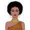 Animation portrait of the beautiful African womanin a dress animal pattern and gold jewelry. Color drawing. Vector illustration is