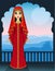 Animation portrait of the beautiful Arab girl standing against the background of a palace window.