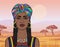 Animation portrait of the beautiful black woman in a turban and Afro braids.