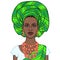 Animation portrait of the beautiful  black woman in a turban and ethnic jewelry.