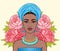 Animation portrait of the beautiful black woman, wreath of flowers.
