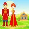 Animation portrait of beautiful Russian family in traditional clothes. Fairy tale character.