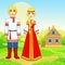 Animation portrait of beautiful Russian family in traditional clothes. Fairy tale character.