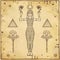 Animation portrait: Egyptian goddess Isis with horns and sun disk on her head holds sacred symbols of the eye Horus.