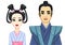 Animation portrait of Japanese family in ancient clotes. Geisha, Maiko, Samurai.