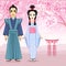 Animation portrait of Japanese family in ancient clotes. Geisha, Maiko, Samurai. Full growth.