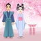 Animation portrait of Japanese family in ancient clotes. Geisha, Maiko, Samurai. Full growth.