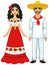Animation portrait of the Mexican family in ancient festive clothes. Full growth.
