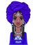 Animation portrait of a young African woman in a blue turban and ethnic jewelry.