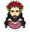 Animation portrait of the young bearded man with long hair in a wreath of roses.