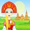 Animation portrait of the young beautiful Russian girl in ancient national clothes. Fairy tale character.
