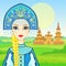 Animation portrait of the young beautiful Russian girl in ancient national clothes. Fairy tale character.