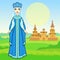 Animation portrait of the young beautiful Russian girl in ancient national clothes. Full growth.