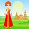 Animation portrait of the young beautiful Russian girl in ancient national clothes. Full growth. Fairy tale character.