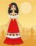 Animation portrait of the young Mexican girl in ancient clothes. Full growth.