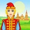 Animation portrait of the young Russian man in rich ancient clothes. Fairy tale character.