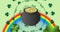 Animation of pot with gold coins with clover leaves and rainbow on green background