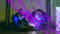 Animation of purple glowing mesh over male engineers welding