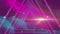 Animation of purple glowing triangle neon tunnel spinning over stars and pink clouds background
