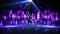 Animation of purple light trails falling over spot light and glowing purple music equalizer
