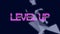 Animation of purple neon colored level up text, geometric shapes on digital interface of video game