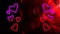 Animation of purple and red neon hearts flashing on moving red texture and black