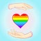 Animation Rainbow colored heart the heart in the armor is forced to defend itself.Human hands hold the Cartoon Rainbow Heart. Gay