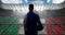 Animation of rear view of football player holding ball over italian flag in sports stadium