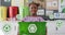 Animation of recycling green signs over african american girl holding green recycling box