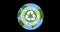 Animation of recycling text and logo over globe, on black background