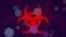 Animation of red biohazard symbol, lights and covid cells on dark background