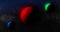 Animation of red, green and blue planets in black space