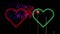 Animation of red and green neon hearts flashing on dark sky with fireworks