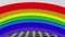 Animation of red pattern and rainbow over office block