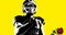 Animation of red roses falling over black and white american football player, on yellow background