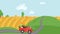 Animation Red Truck with Crop Vegetables. Countryside Landscape Panorama with Title Autumn Harvest Festival