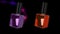 Animation of reflective purple and red bottles of nail varnish and colourful light trails on black