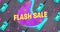 Animation of retro flash sale text on pink and blue patterned splodge with retro mobile phones