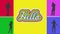 Animation of retro hello rainbow text over yellow background and silhouettes of people on colourful