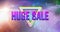 Animation of retro huge sale purple text over neon triangle with stars on glowing background