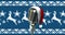 Animation of retro microphone with santa hat over christmas pattern on blue background
