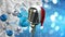 Animation of retro microphone with santa hat over christmas tree with baubles on blue background