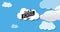 Animation of rocket flying across black back 2 school time text on white cloud in blue sky